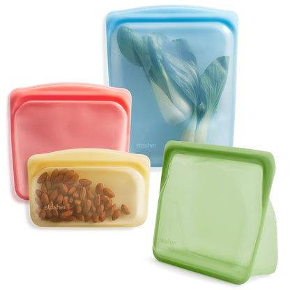 Stasher silicone rainbow 4 pack in various colors.
