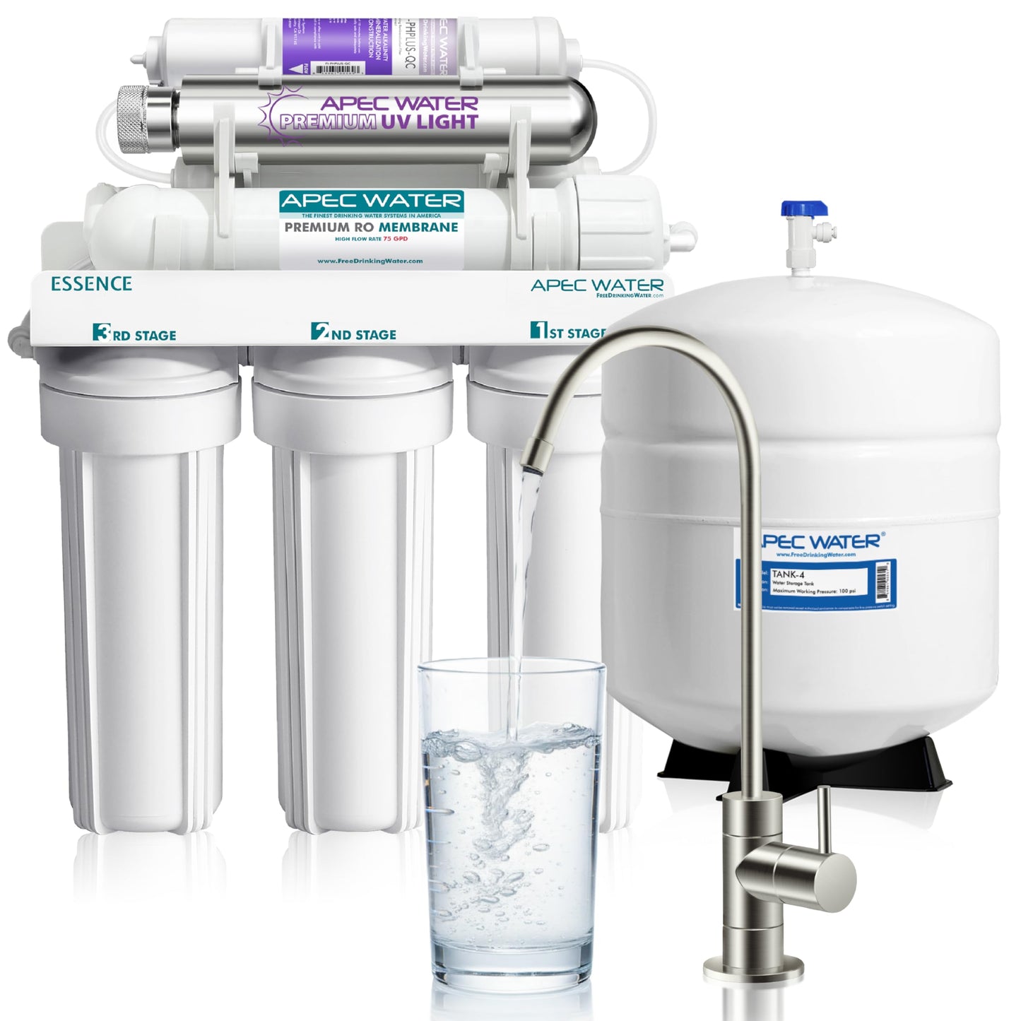 APEC Water filtration system with UV light and glass of water on a white background