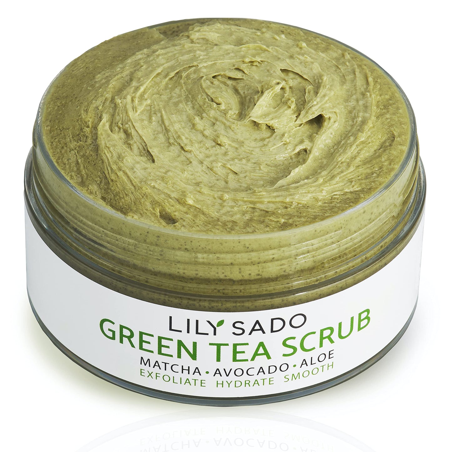 Green tea scrub in a jar with visible brand name on a white background