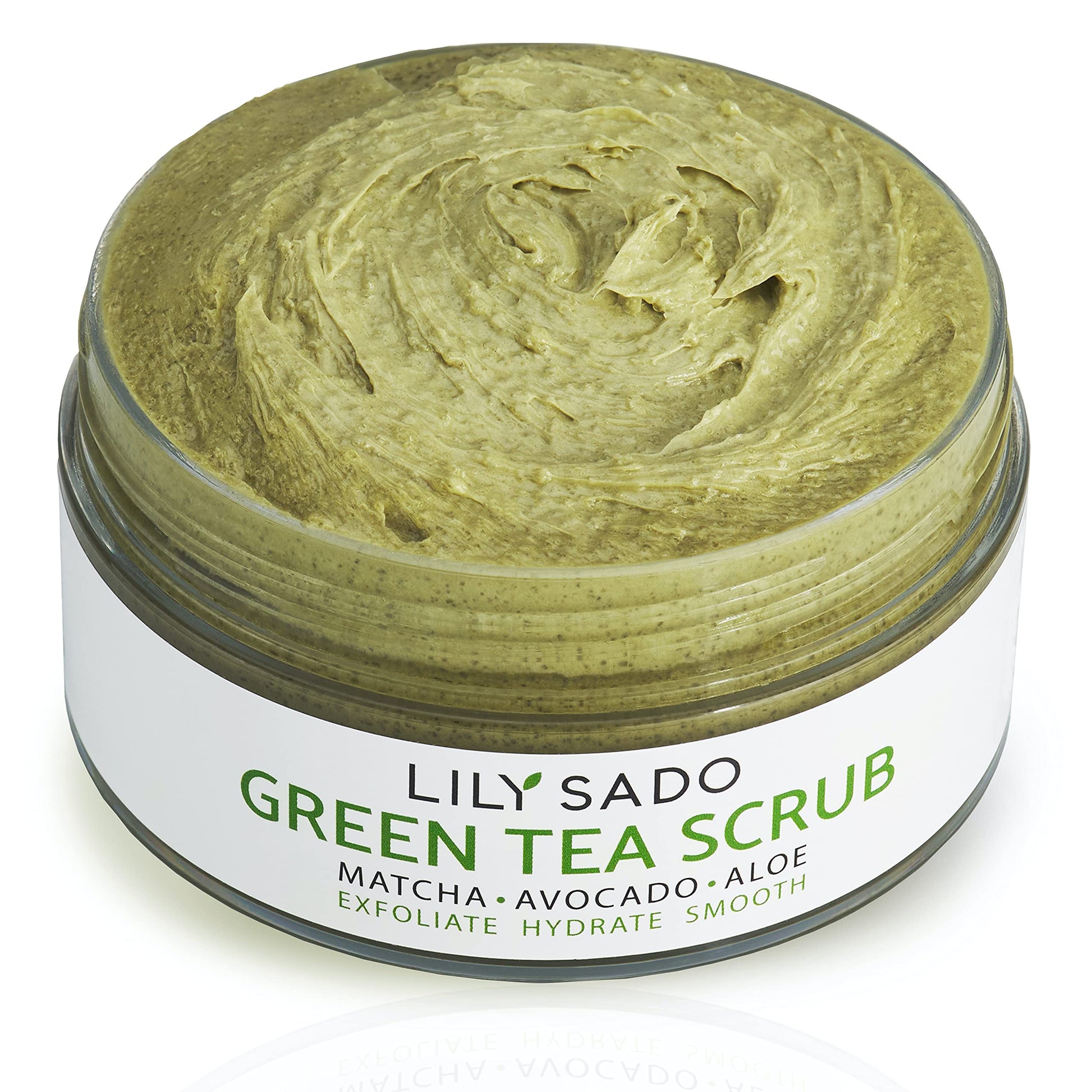 Green tea scrub in a jar with visible brand name on a white background