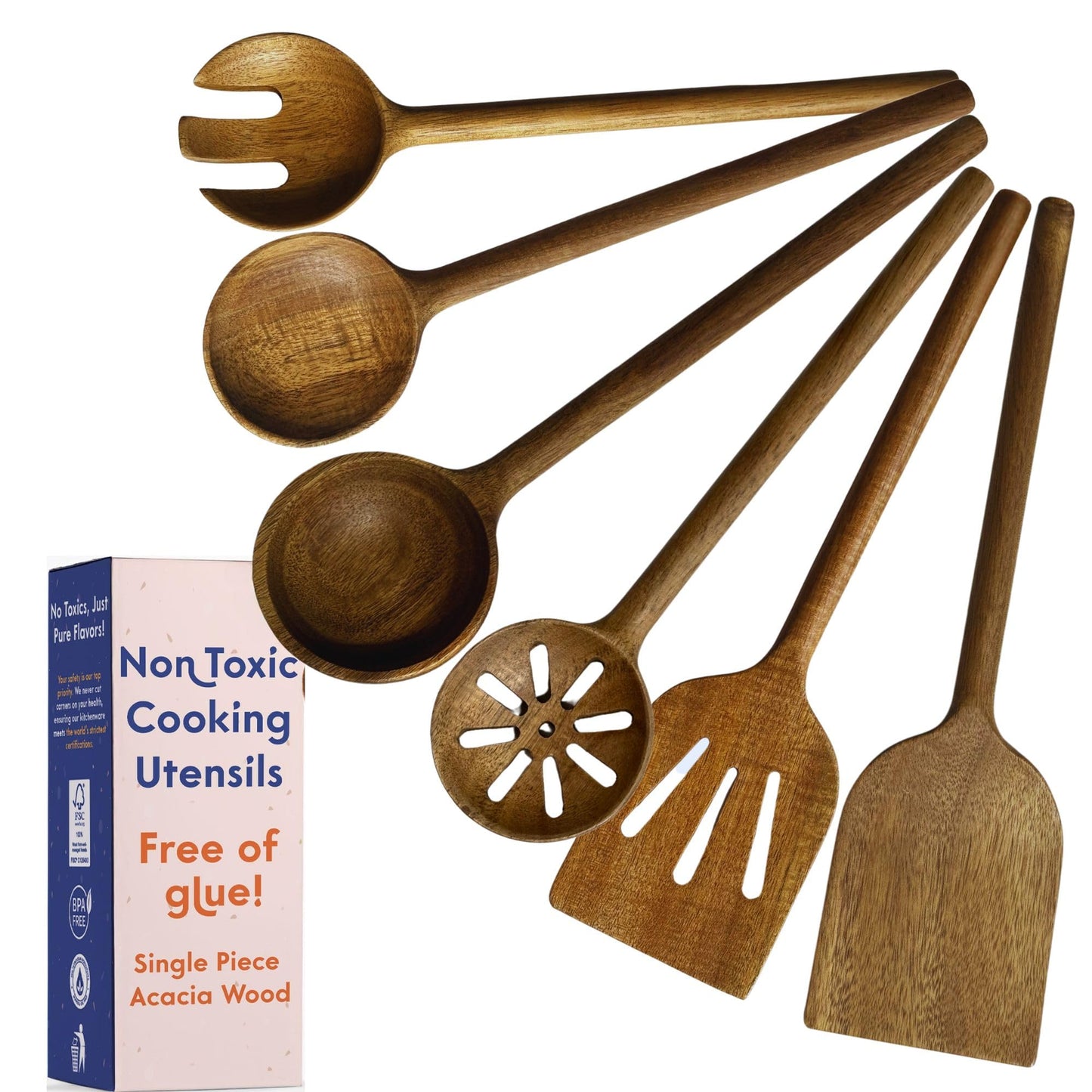 Set of wooden cooking utensils with a box labeled 'Non Toxic Cooking Utensils' on a white background.
