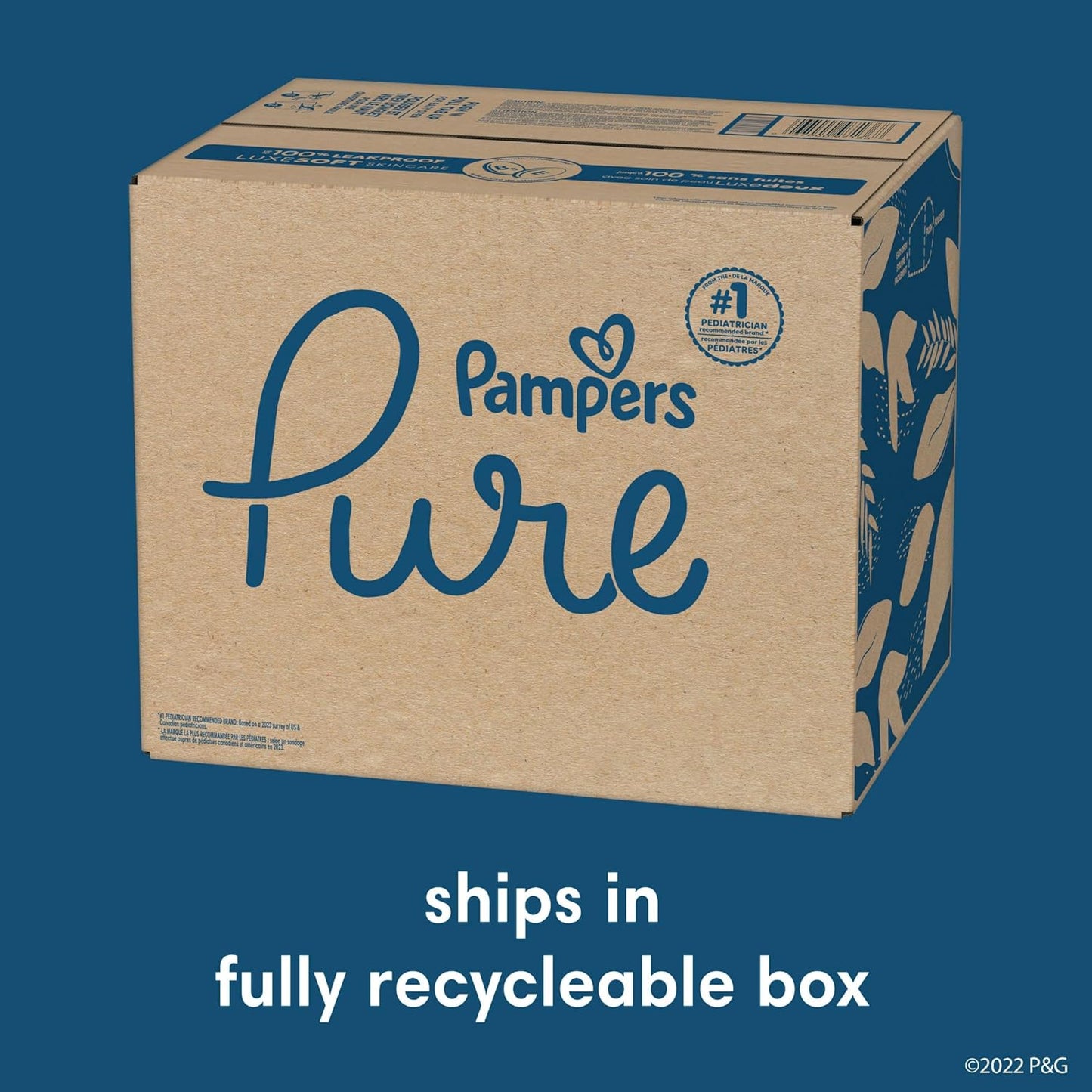 Pampers Pure packaging on a blue background with recycling information.