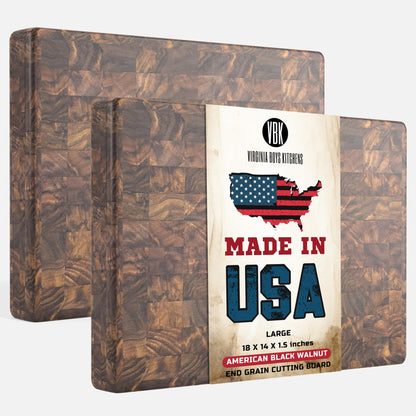Wooden cutting board with 'Made in USA' label on a white background