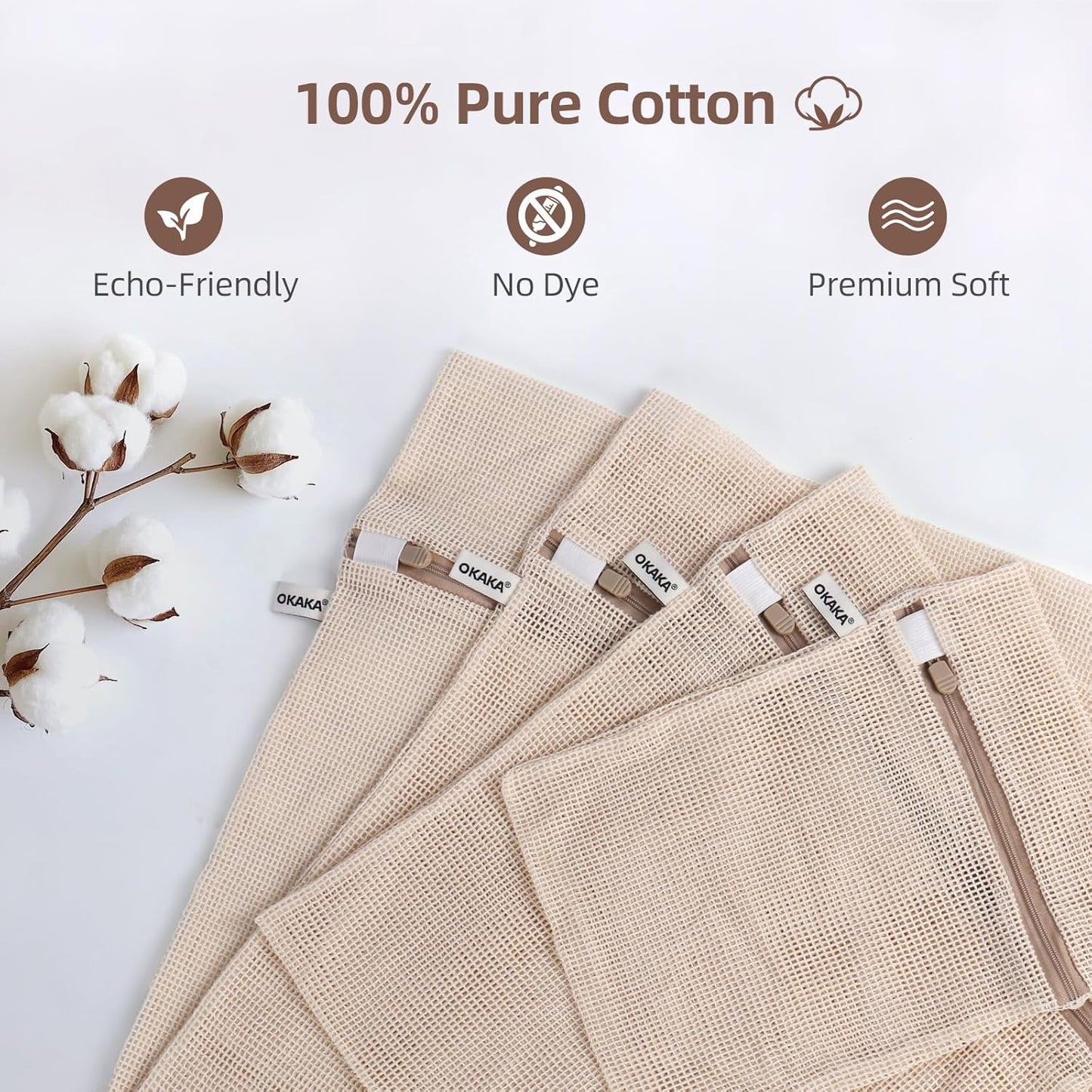 OKAKA 100% Pure Cotton Mesh Laundry Bags with Secure Zippers - Chemical-Free Garment Protection