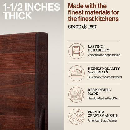 Wooden cutting board with text about thickness and quality, featuring a brand since 1887.