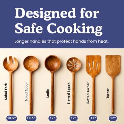 Microplastic-Free Solid Acacia Wooden Utensil Set, Glue-Free, 6-Piece