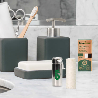 Vegan Plant-Based Dental Floss Tape, Refillable Steel Dispenser – Bambaw