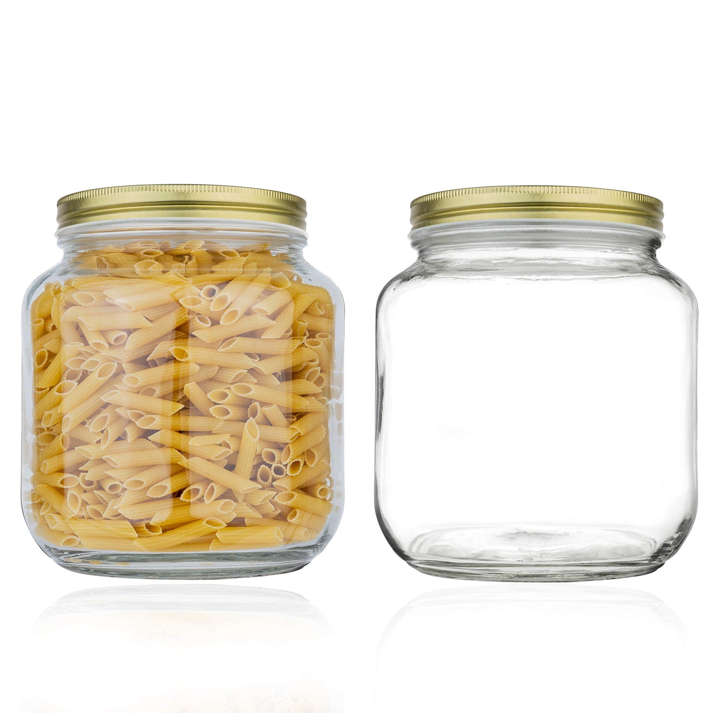 Kitchentoolz 64oz half gallon mason jars with gold lids, one containing pasta on a white background