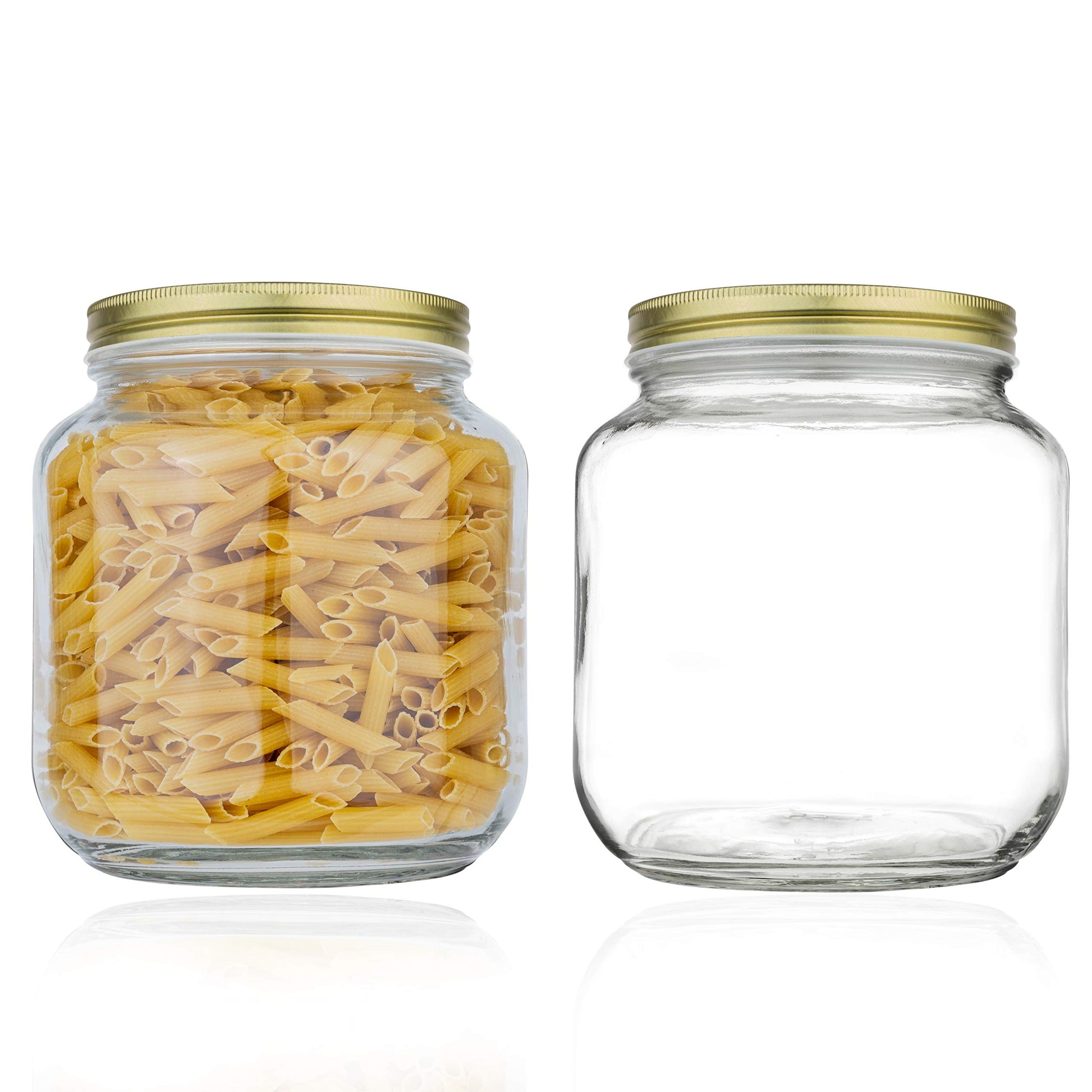 Kitchentoolz 64oz half gallon mason jars with gold lids, one containing pasta on a white background