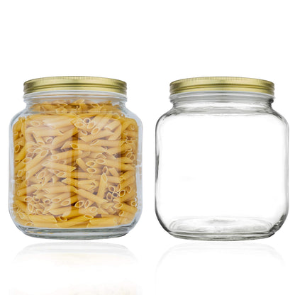 Kitchentoolz 64oz half gallon mason jars with gold lids, one containing pasta on a white background
