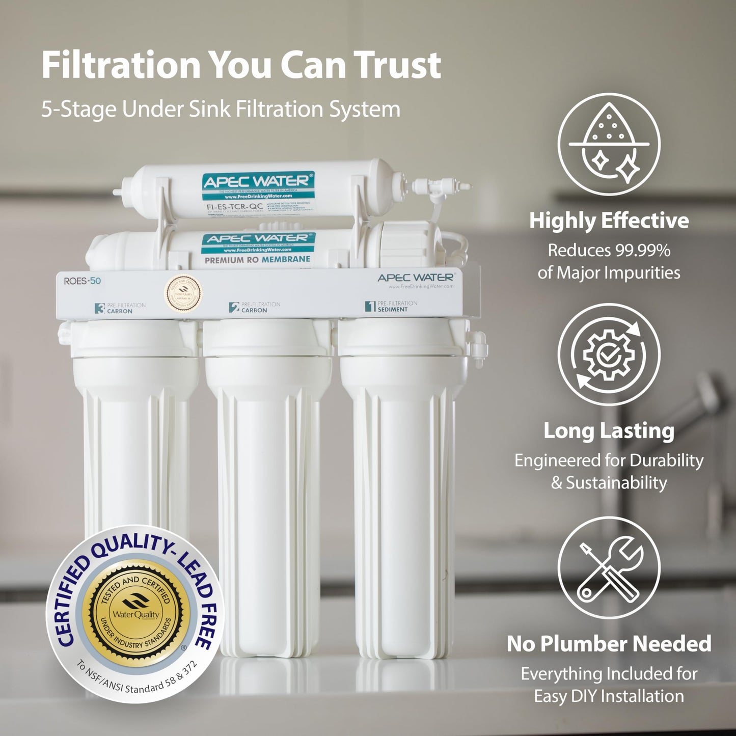 APEC Water 5-stage under sink filtration system with certification badges on a neutral background