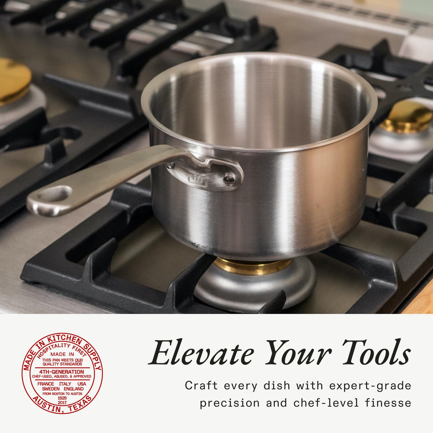 Stainless steel pot on a gas stove with promotional text and logo.