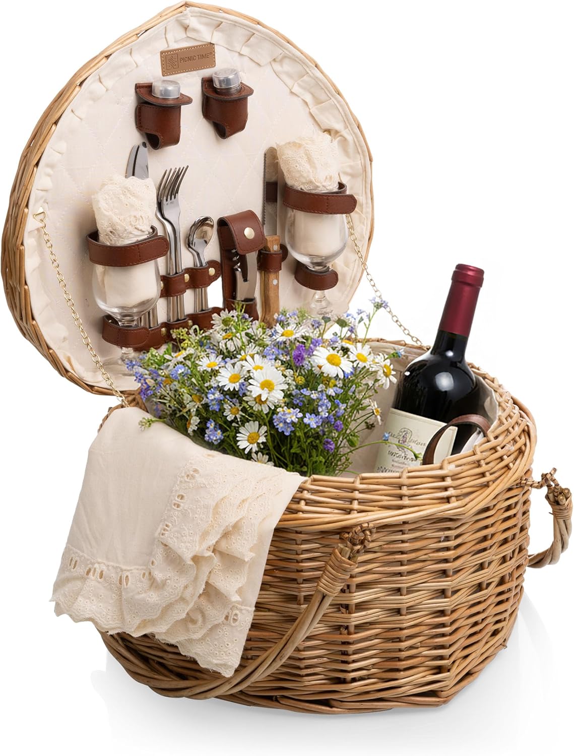 Picnic time heart picnic basket with cutlery, glasses, a bottle of wine, and flowers on a white background