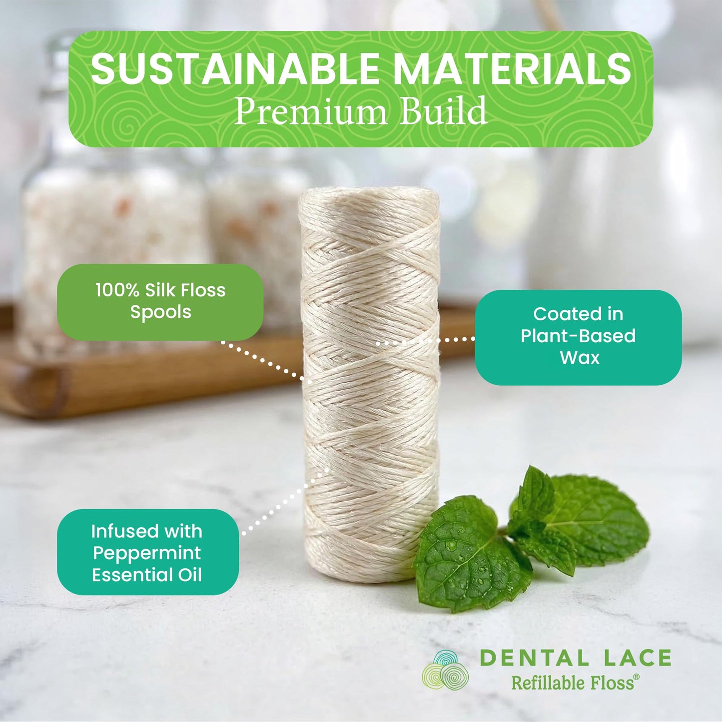 Refillable Silk Dental Floss, PFAS-Free, Glass Container – Dental Lace
