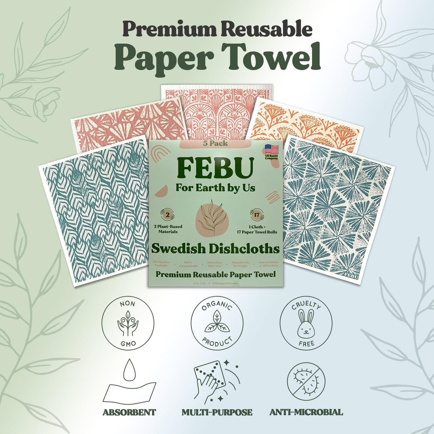 FEBU Reusable Swedish Dishcloths for Kitchen (5-Pack Sunset)
