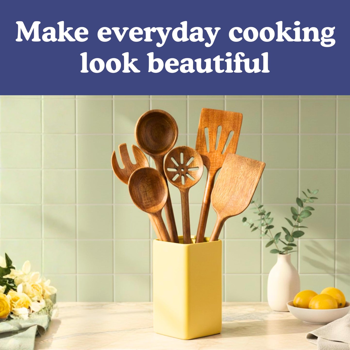 Microplastic-Free Solid Acacia Wooden Utensil Set, Glue-Free, 6-Piece
