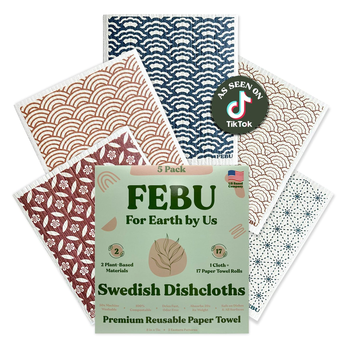 FEBU Reusable Swedish Dishcloths for Kitchen (5-Pack Sunset)