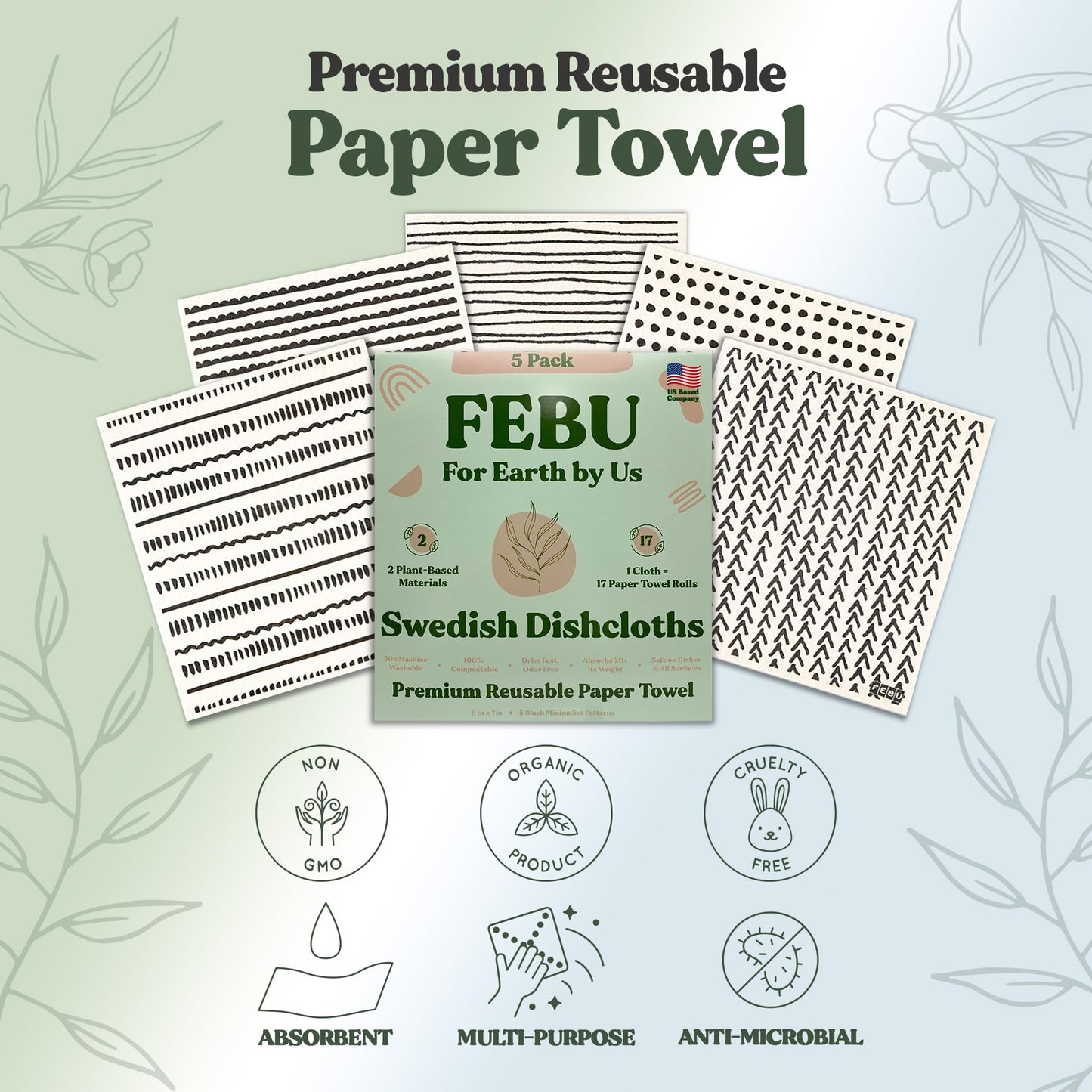 FEBU Reusable Swedish Dishcloths for Kitchen (5-Pack Sunset)