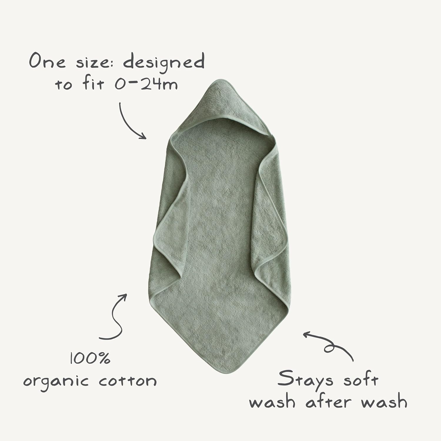 Green hooded towel with text on organic cotton and durability