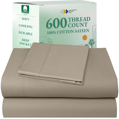 California Design Den 100% Cotton Sateen Sheets: 600 TC Luxury Set