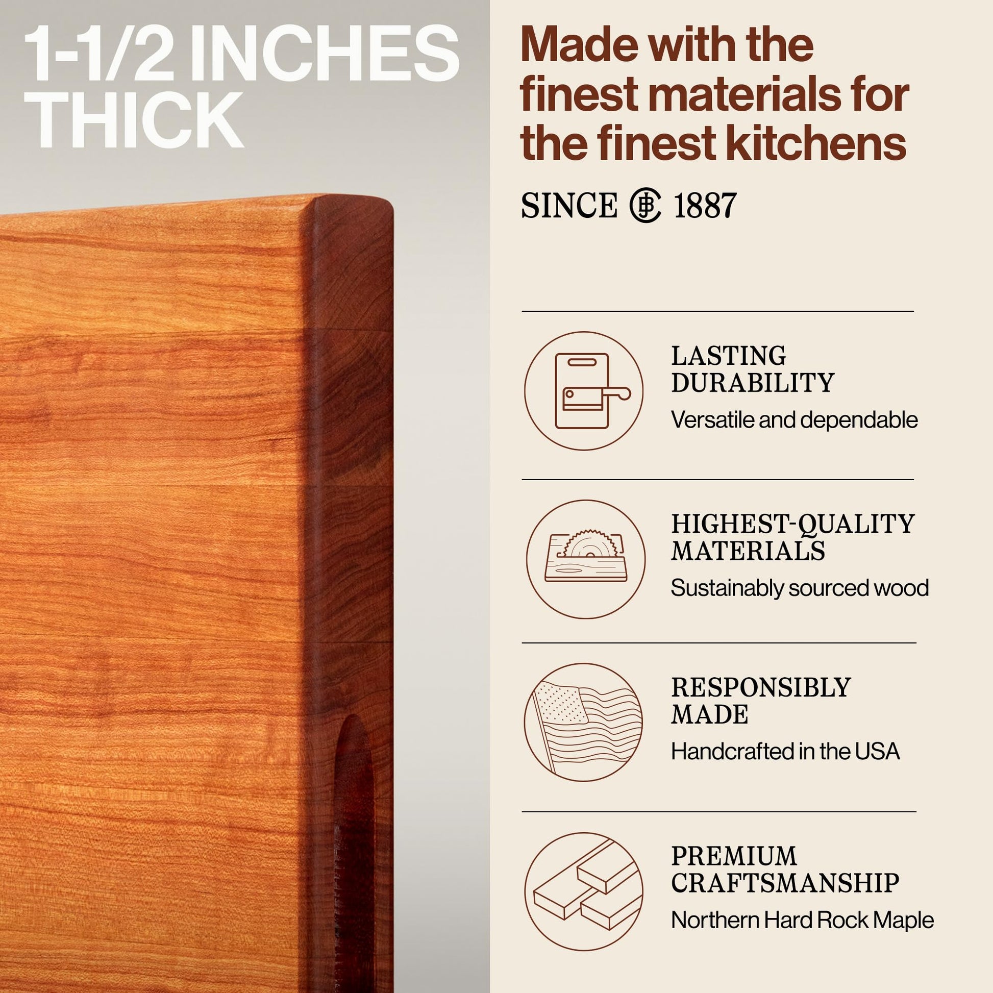 Wooden cutting board with text about thickness and quality, featuring a brand logo.