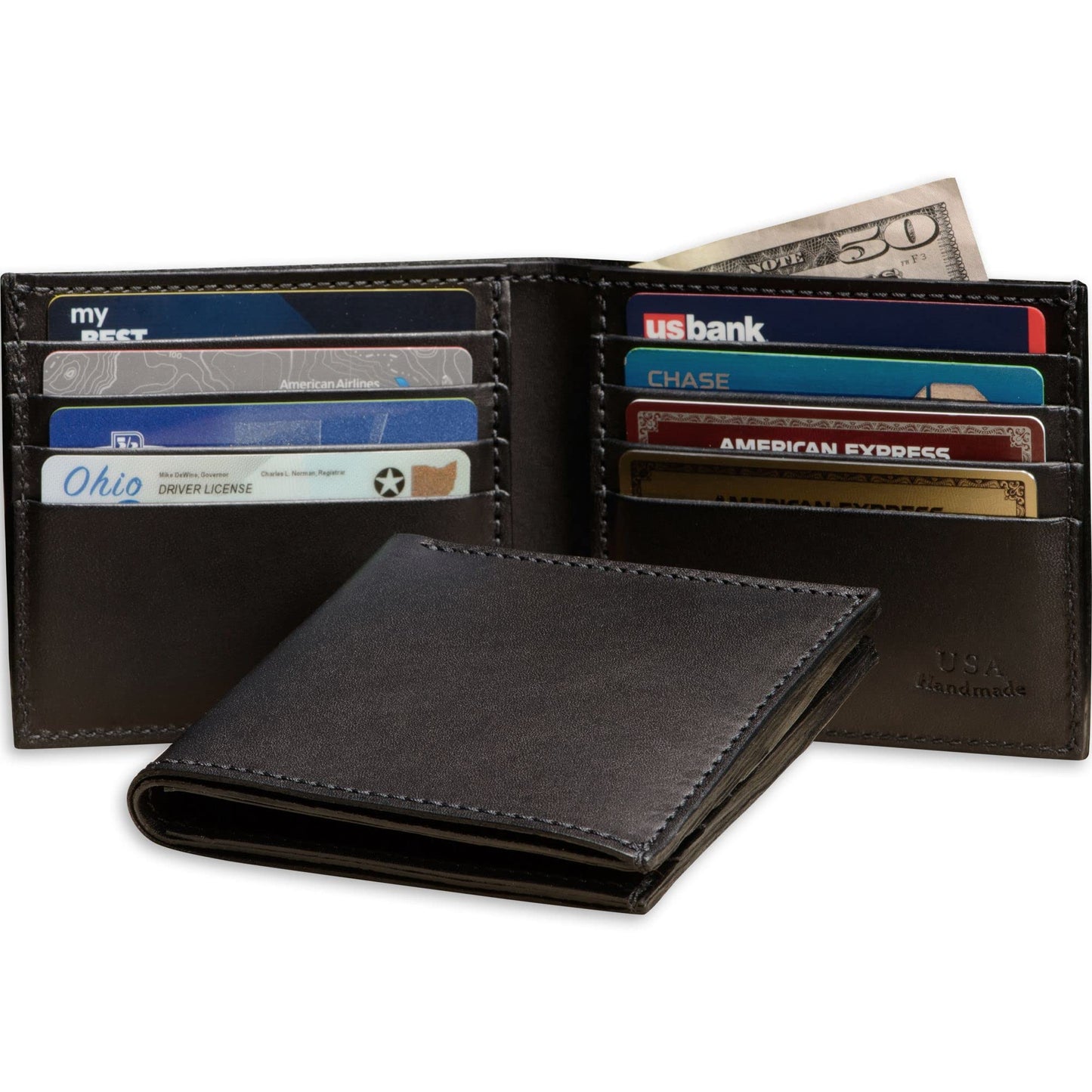 Black leather wallet with various cards and cash on a white background