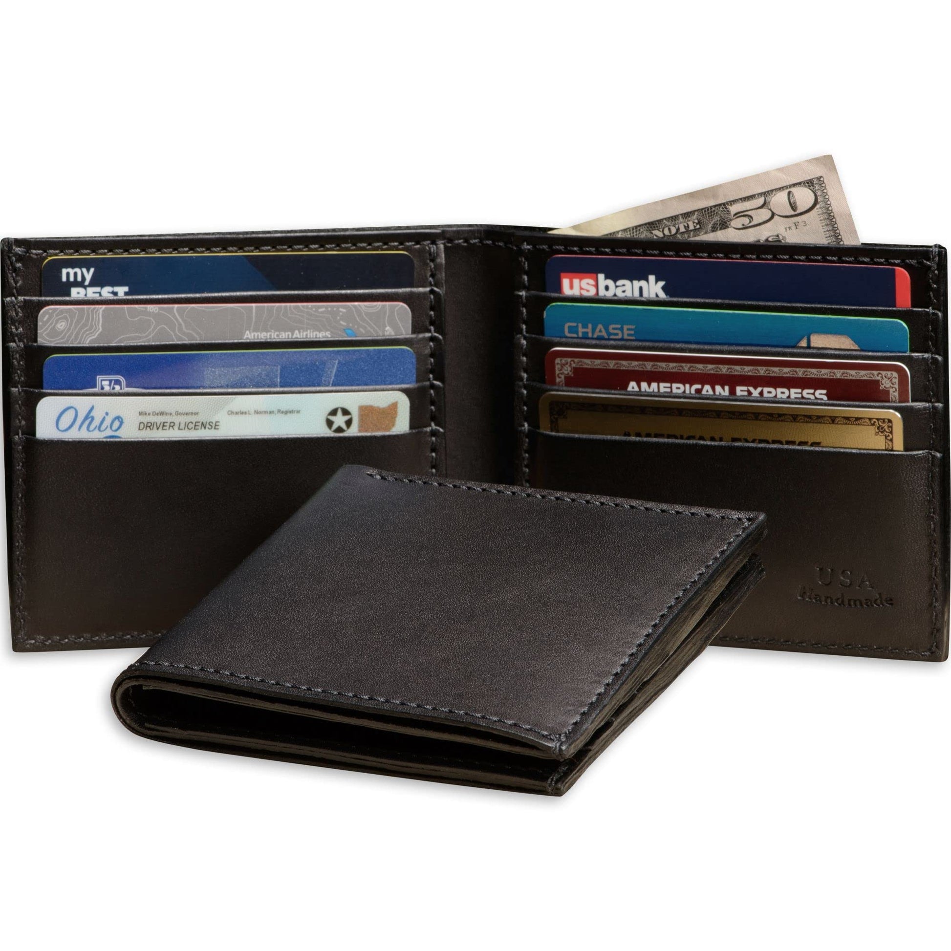 Black leather wallet with various cards and cash on a white background