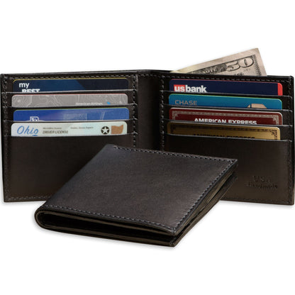 Black leather wallet with various cards and cash on a white background