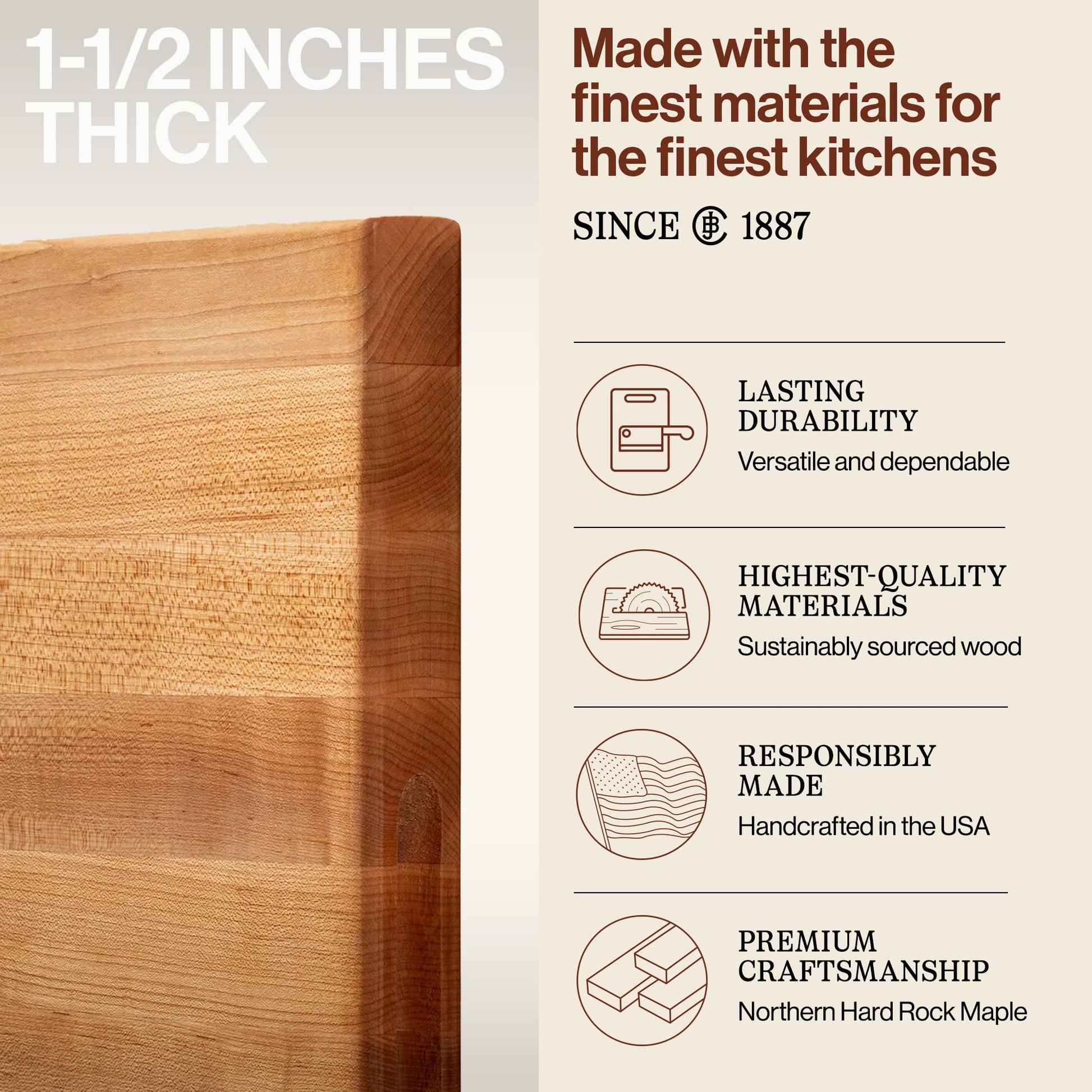 Wooden cutting board with text about thickness and quality, featuring a brand logo.