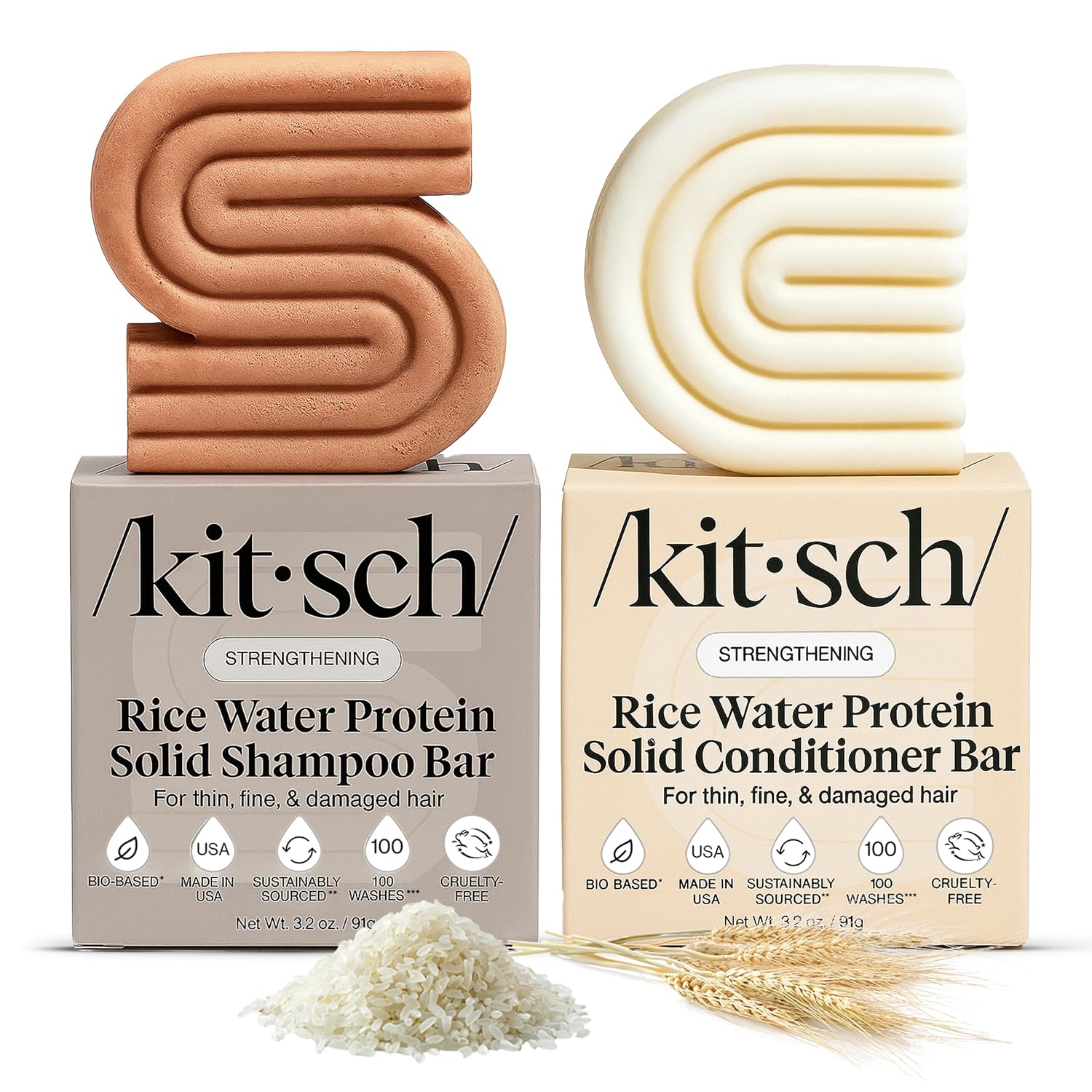 Two Kitsch rice water protein solid shampoo and conditioner bars with their packaging on a white background.