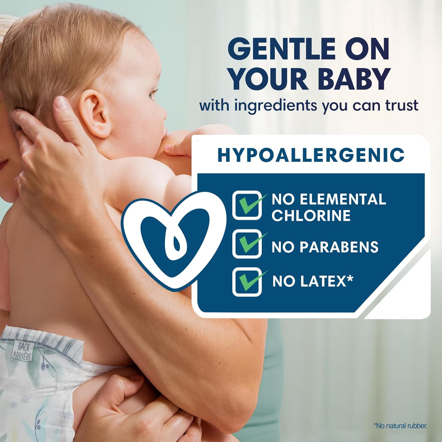 Baby being held with a parent, featuring hypoallergenic product information.