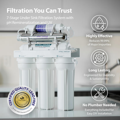 APEC water filtration system with features highlighted on a neutral background