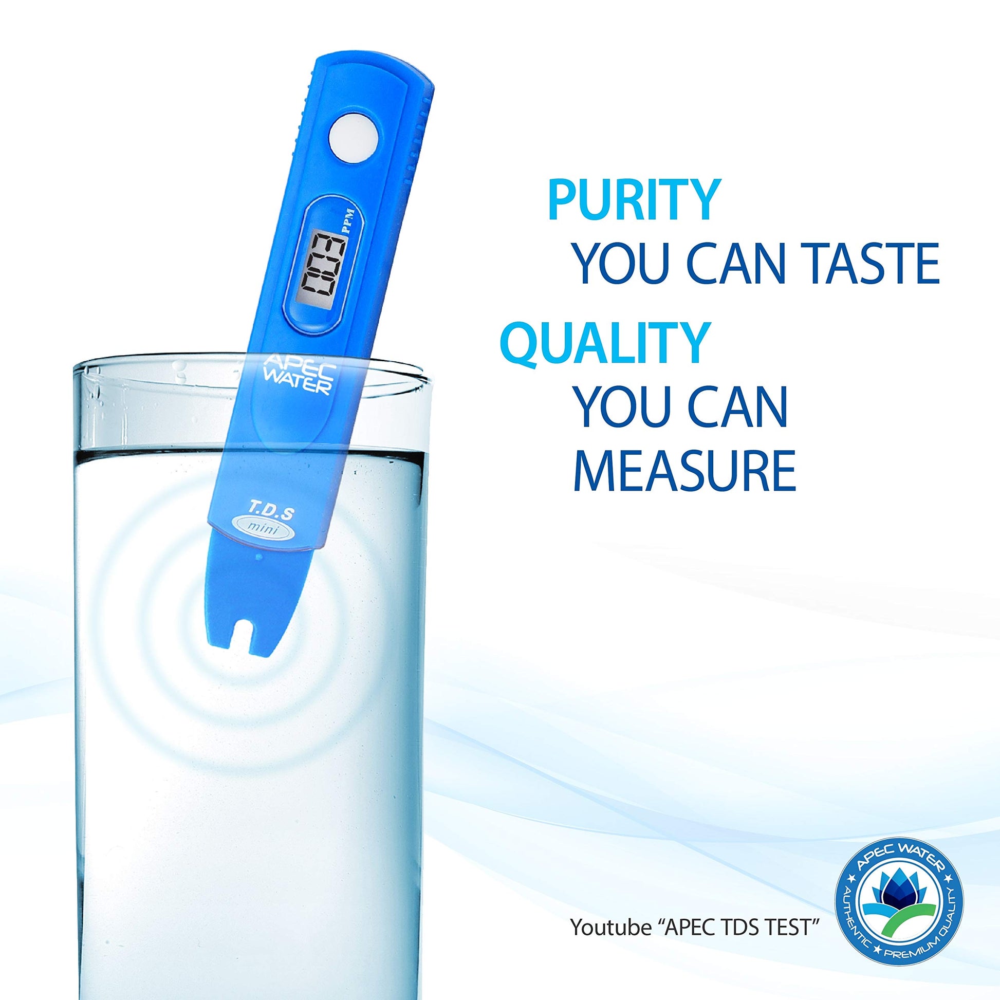 Blue TDS meter in a glass of water with text about water purity and quality.