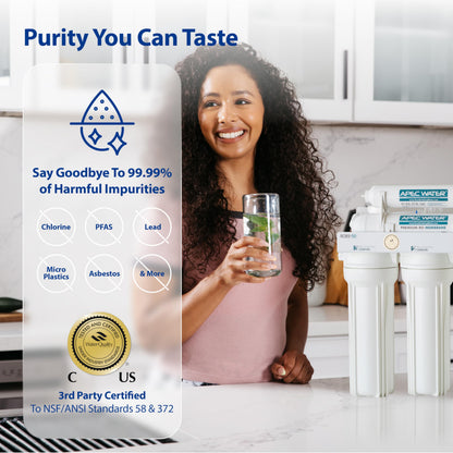 Woman holding a glass of water next to a water filter with text about purity and certification.