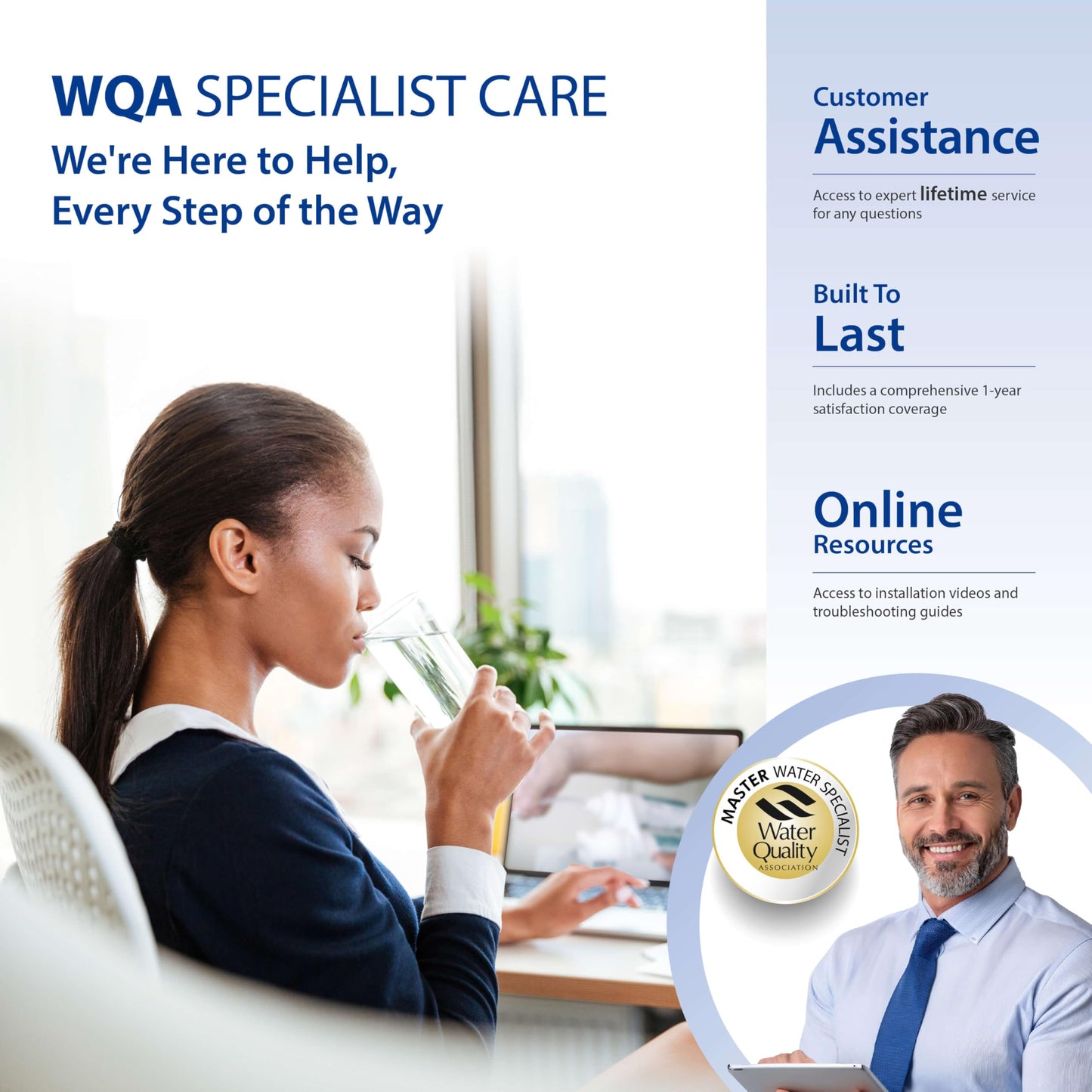 Advertisement for WQA Specialist Care with a woman using a water filter and a man on a tablet.