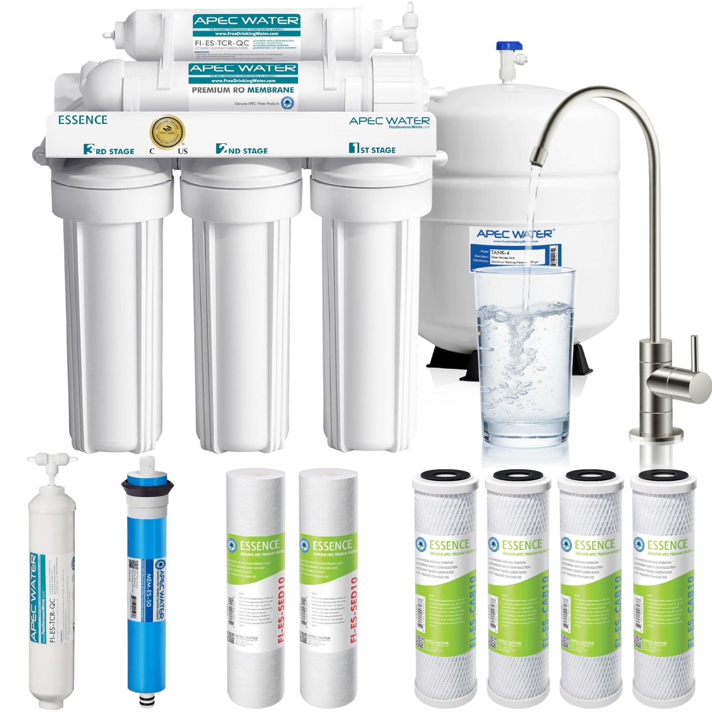 APEC Water filtration system with filters and a glass of water on a white background