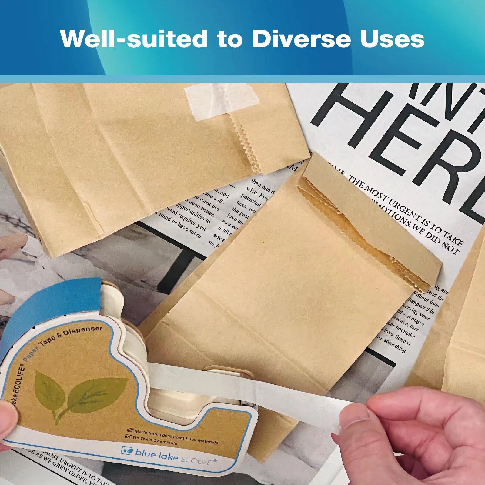Person using a tape dispenser with brown paper bags on a newspaper background, labeled 'Well-suited to Diverse Uses'.