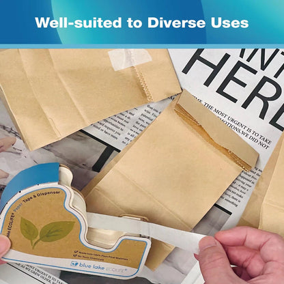 Person using a tape dispenser with brown paper bags on a newspaper background, labeled 'Well-suited to Diverse Uses'.