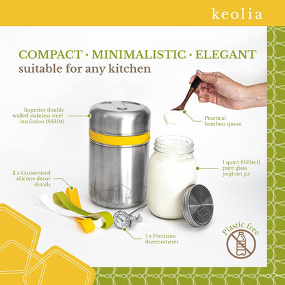 Stainless steel and glass kitchen set with text highlighting features, including 'keolia' brand.
