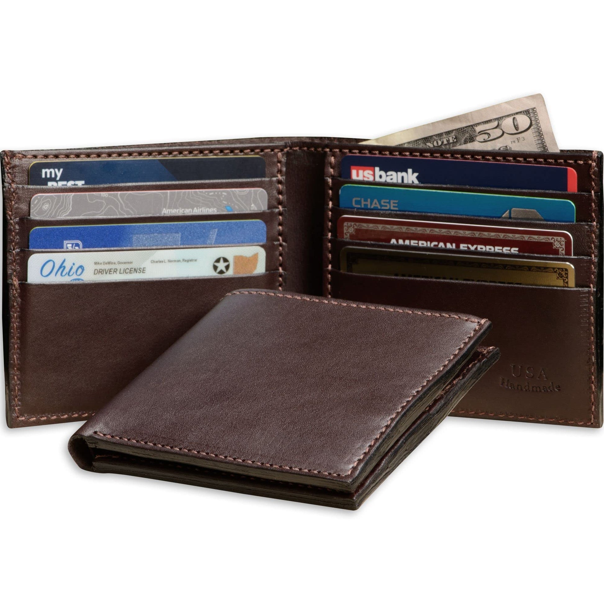 Brown leather wallet with various cards and money on a white background