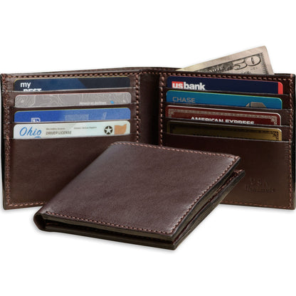 Brown leather wallet with various cards and money on a white background