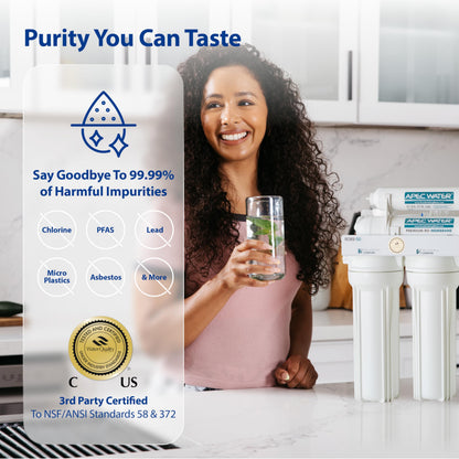 Woman holding a glass of water next to a water filter with text about purity and certification.