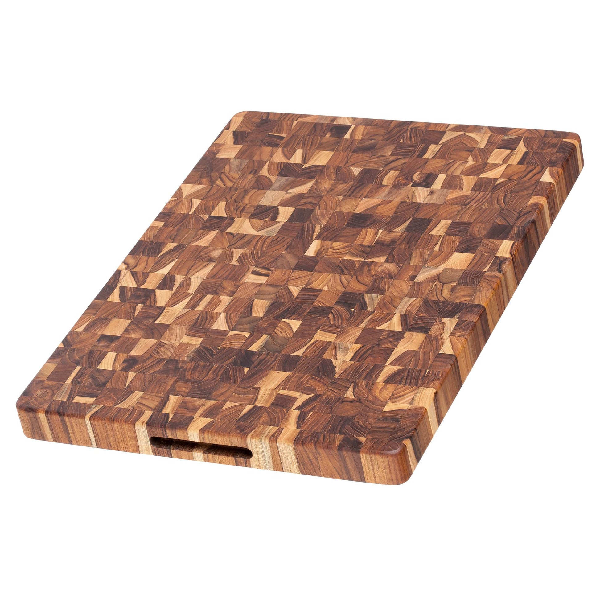 Wooden cutting board with a geometric pattern on a white background