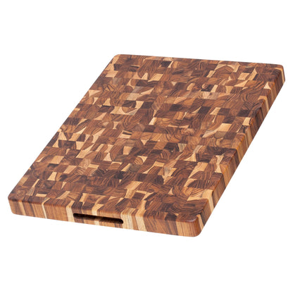 Wooden cutting board with a geometric pattern on a white background