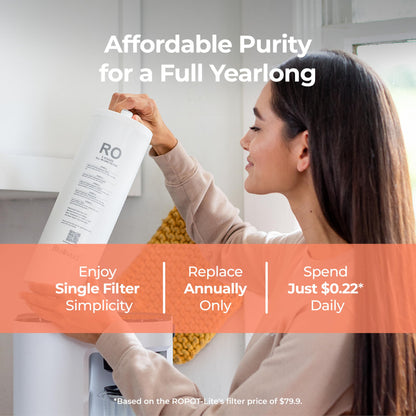 Woman replacing a filter with text about affordable purity for a full yearlong