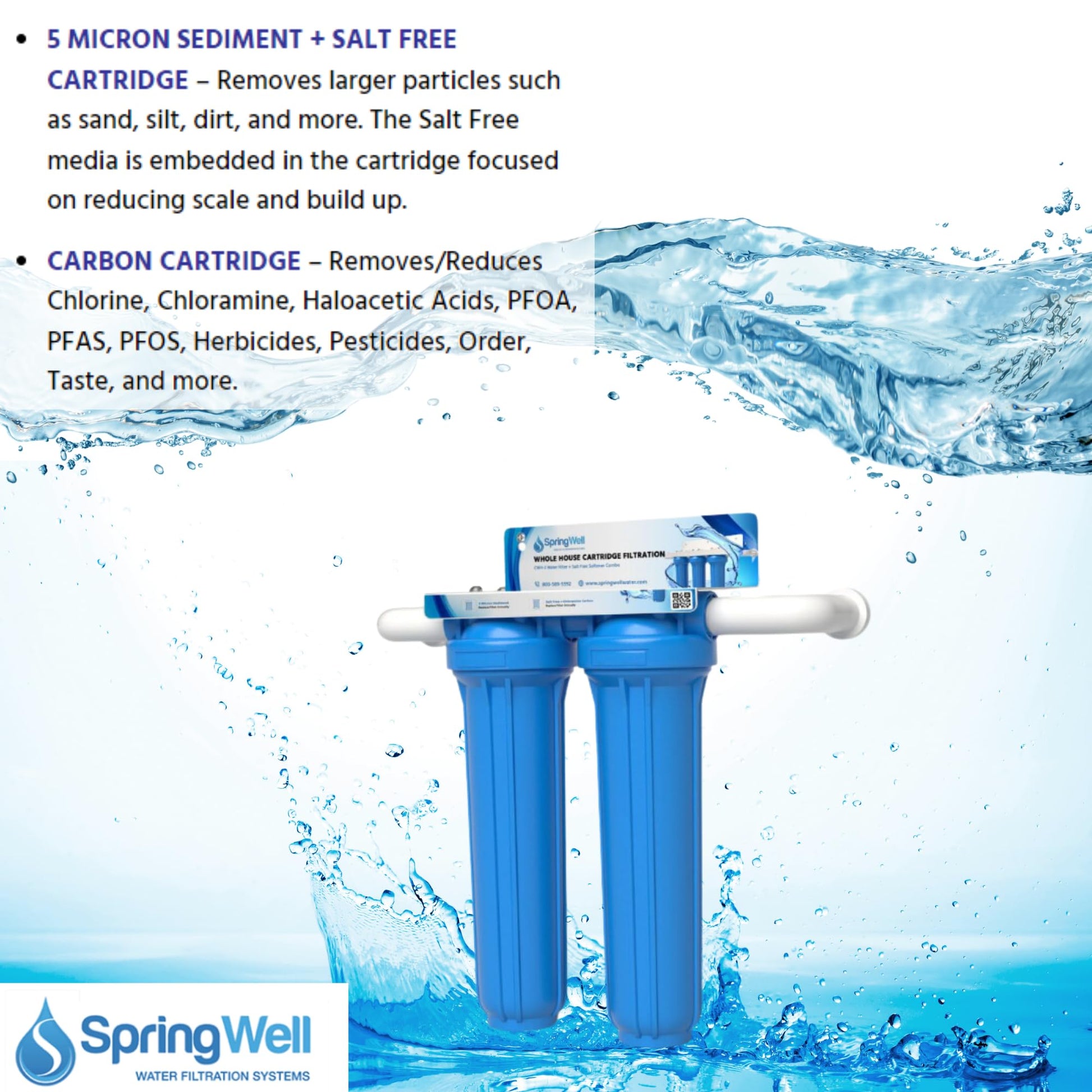 SpringWell water filtration system with text about sediment and salt-free cartridge and carbon cartridge functions.
