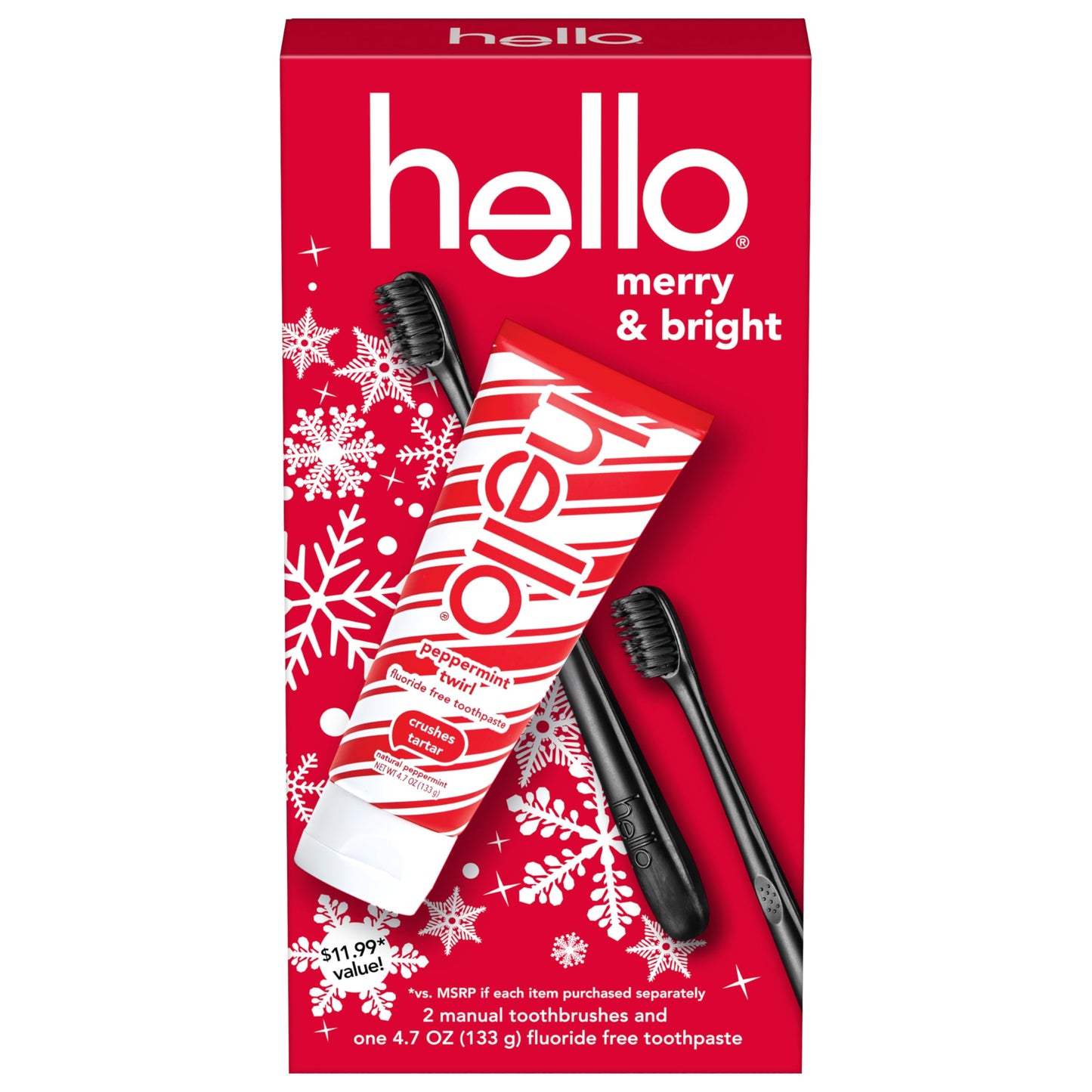 Red 'hello' holiday gift set packaging with toothbrushes and toothpaste on a white background