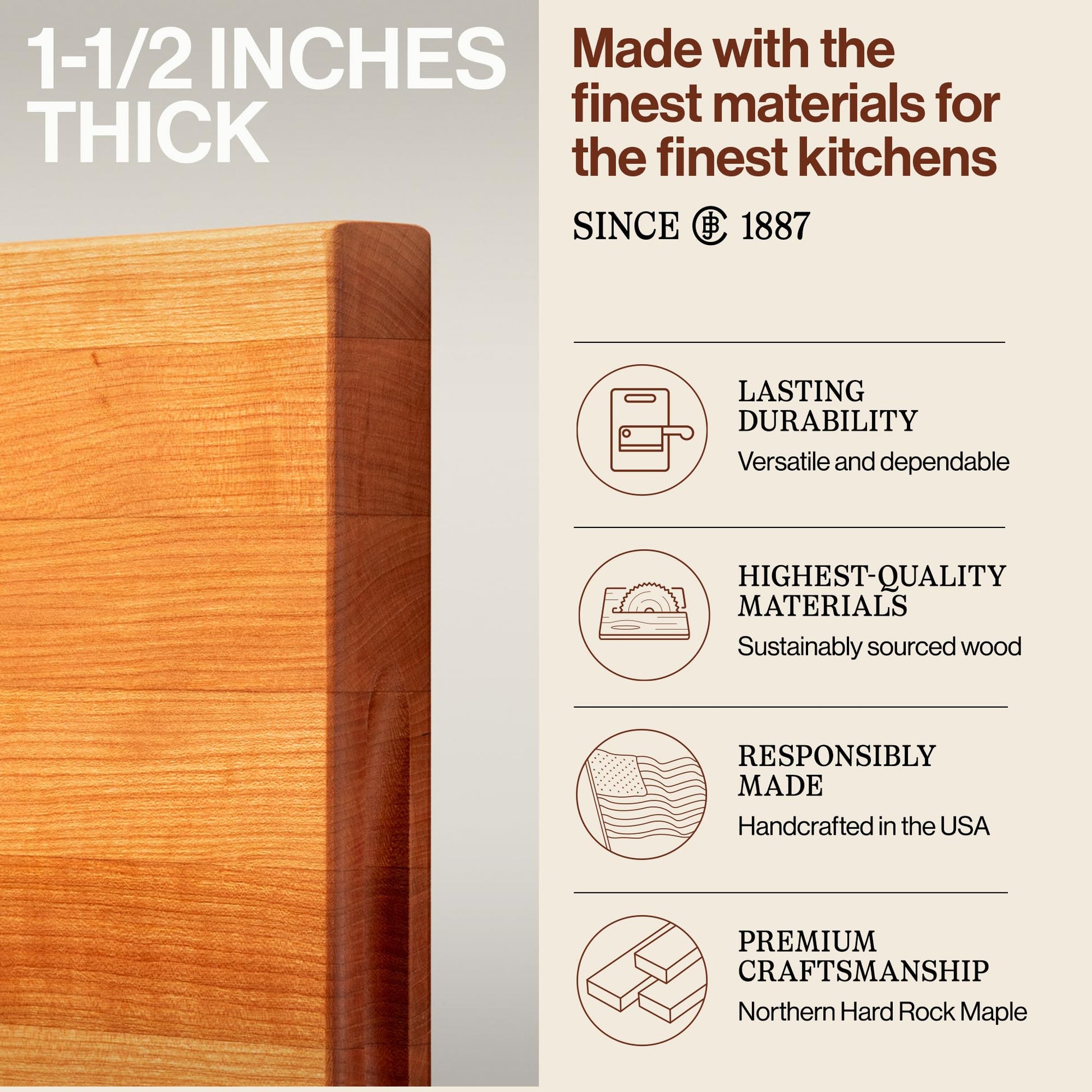Wooden cutting board with text about thickness and quality, featuring the brand since 1887.