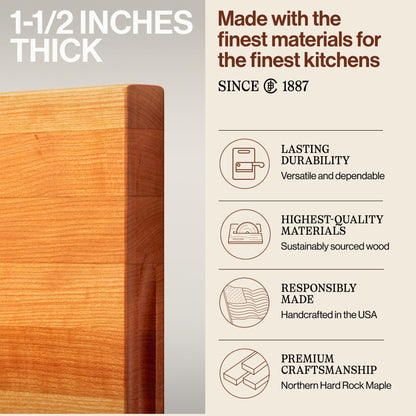 Wooden cutting board with text about thickness and quality, featuring the brand since 1887.