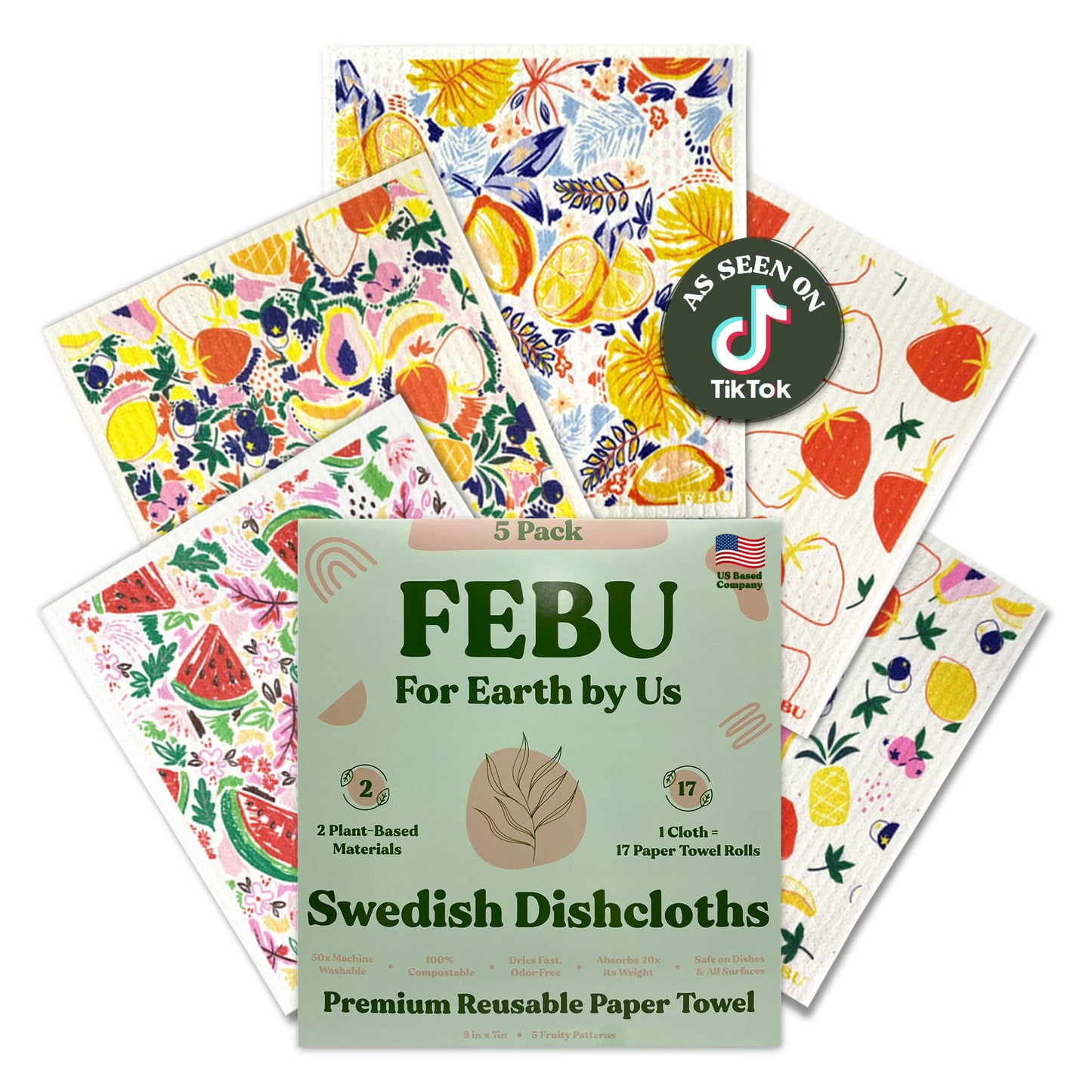 FEBU Reusable Swedish Dishcloths for Kitchen (5-Pack Sunset)